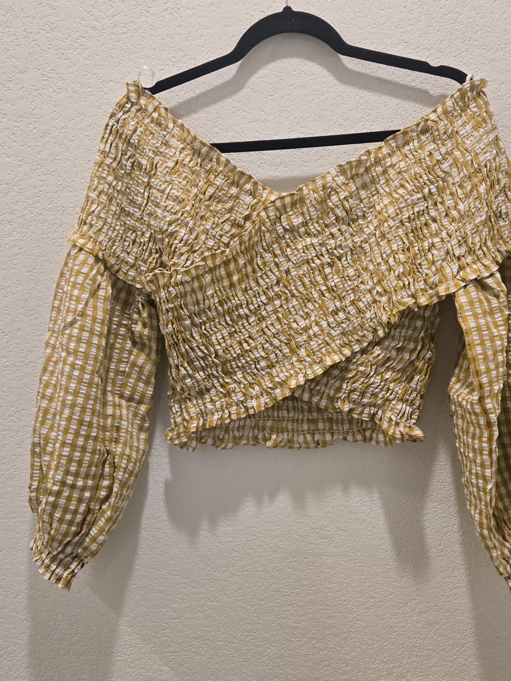 Mustard Yellow Smocked Off-Shoulder Long Sleeve Top